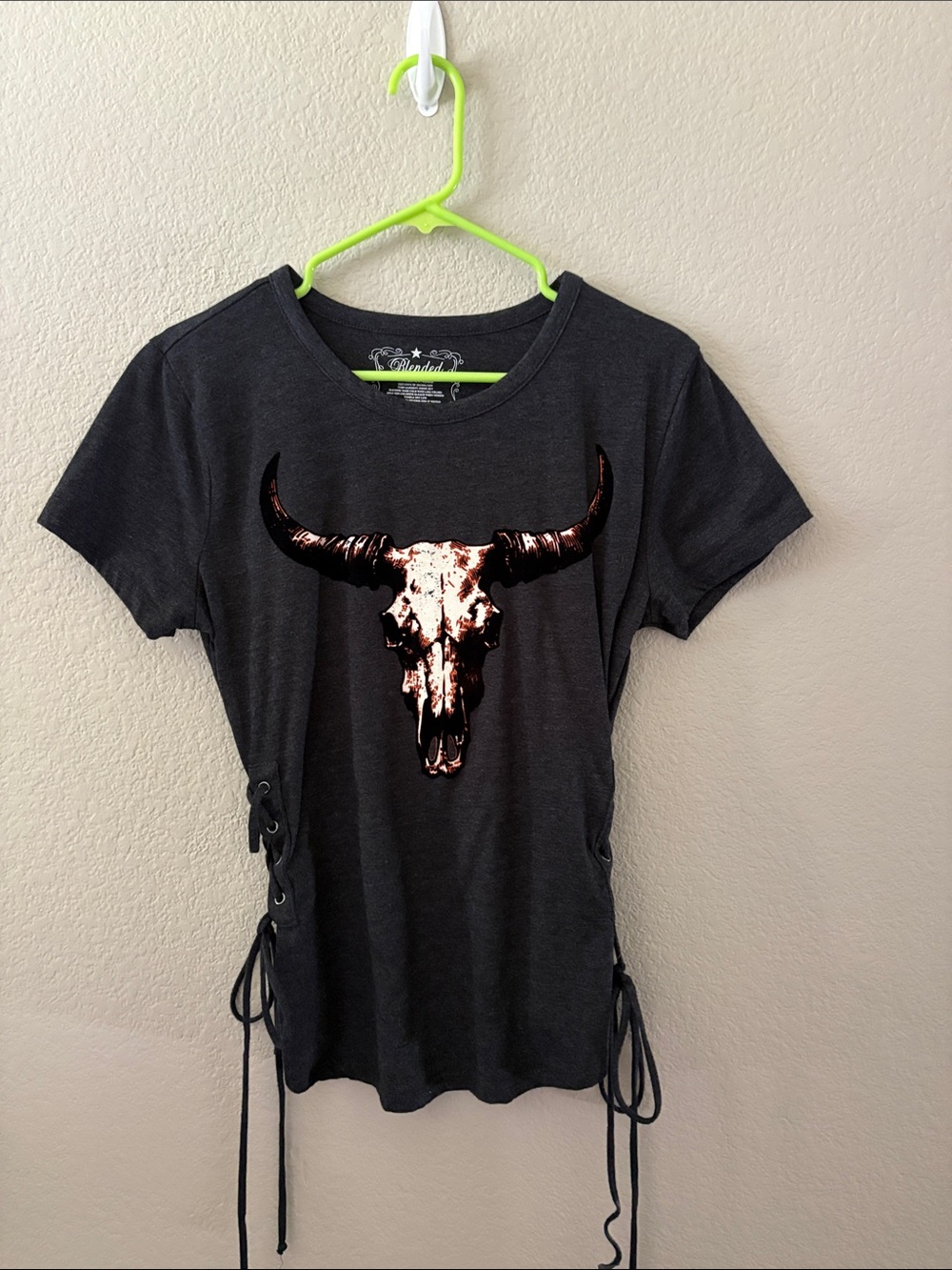 Dark Gray Short Sleeve Tee with Metallic Bull Skull and Side Lace-Up